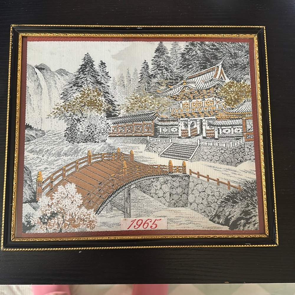 Vintage 1965 Japanese Silk Hand Embroidered Tapestry Minka Bridge wall art canva